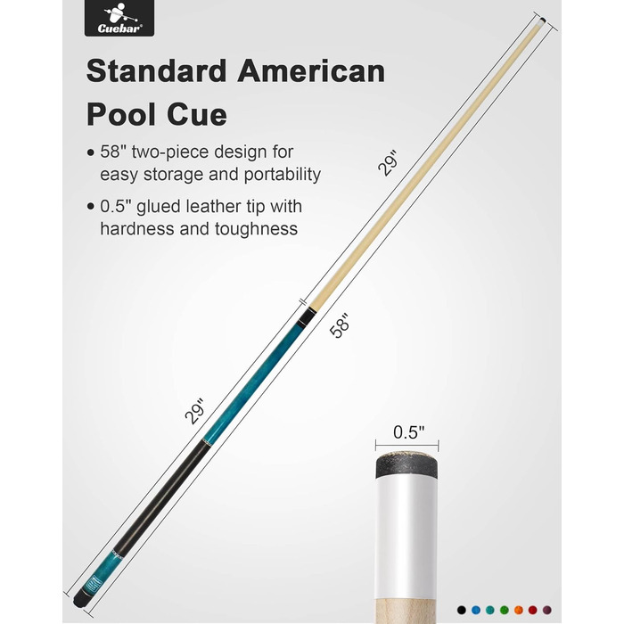 Набір київ для більярду CUEBAR (2 шт.), 58 дюймів, для дорослих, з імітацією шкіряної ручки, 2 кольори та ваги.