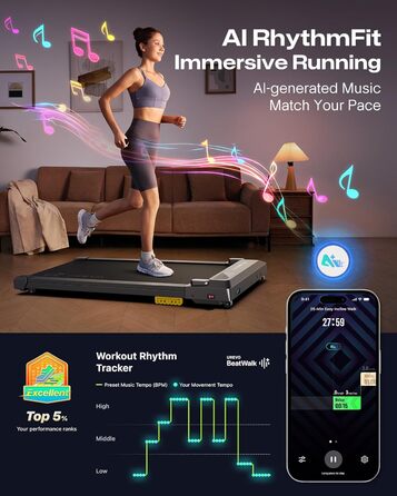 Бігова доріжка UREVO Smart Walking Pad під стіл з амортизацією та додатком: для дому, офісу, чорний 38x90 см