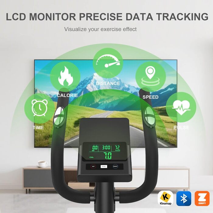 Еліптичний тренажер для дому з LCD-монітором (Bluetooth), 16 рівнів навантаження, транспортувальні колеса, до 130 кг (чорний)