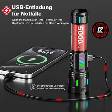 Ліхтарик тактичний Shadowhawk LED 500000 люмен, USB-C/A, 12 год, IP67, Zoom, LCD-дисплей, 5 режимів, чорний