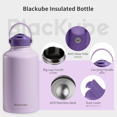 Термос-пляшка Blackube з нержавіючої сталі 1800 мл із трубочкою, ізольована, BPA-free, герметична, для спорту, школи, фітнесу, кемпінгу