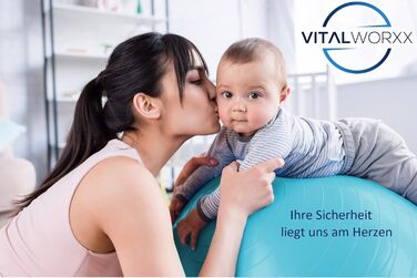 Гімнастичний м'яч VITALWORXX для вагітних 65 см, синій, з насосом та вправами, стійкий фітбол для йоги, здоров'я та пологів