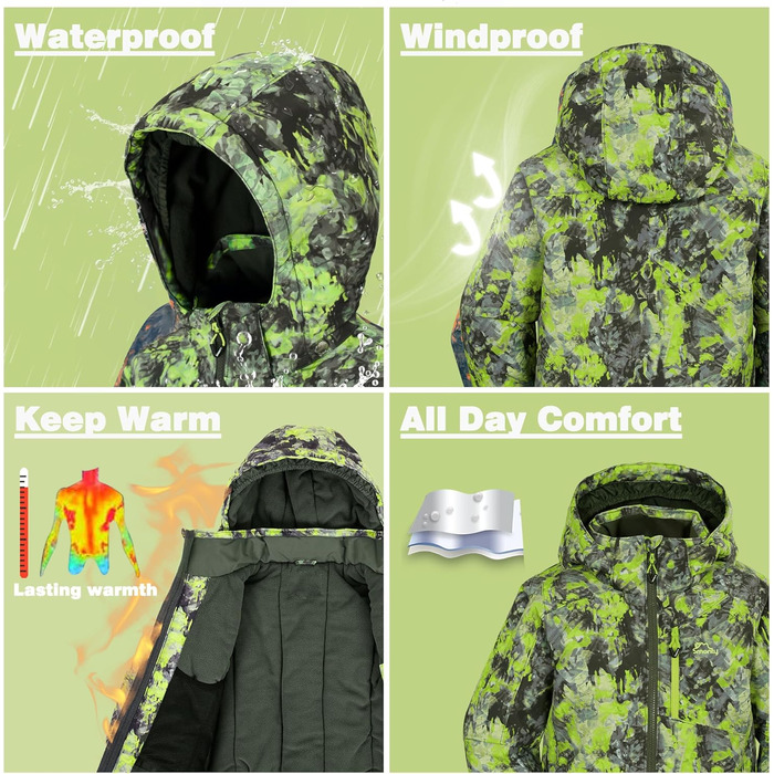 SNOWER Дитячий зимовий комбінезон для хлопчика з капюшоном, теплий гірськолижний костюм, кольорове зелений, 6-7 років