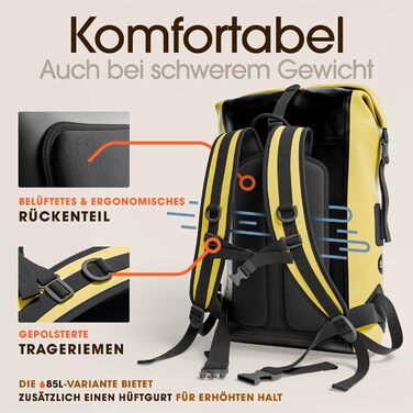 Водонепроникний рюкзак Earth Pak 55L з ролтопом, кишенею на блискавці та IPX8 водонепроникним чохлом для телефону (Жовтий)