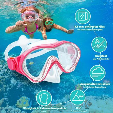 Набір для снорклінгу для дітей з ластами, маска з панорамою 180° проти запотівання, регульовані ласти, високоякісна маска для дайвінгу та сухий снорк (рожевий)