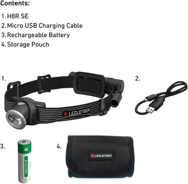 Ledlenser H8R SE - ліхтар налобний LED, 700 люмен, перезарядна, дальність 170 м, 70 годин роботи, комплект з акумулятором, чохлом та USB кабелем