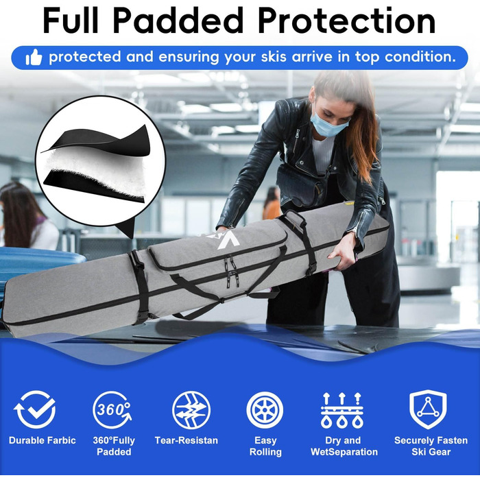 Скі-сумка на колесах для подорожей, м'яка подвійна скі-сумка для 2 пар лиж до 175 або 190 см, сіра (175 см)