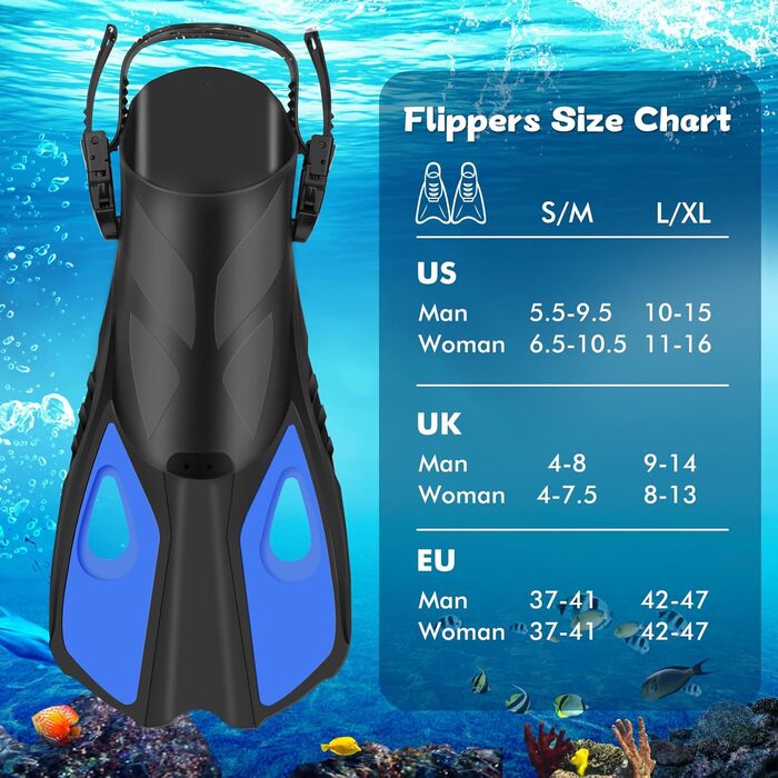 Набір для снорклінгу та дайвінгу для дорослих: маска-половинка, ласти, чохол. Широкий огляд 180°, фіксація камери, регульовані ласти