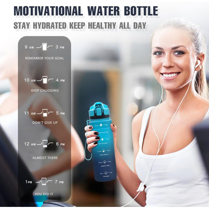 Спортивна пляшка для води Tritan 1L/500ml/700ml/1500ml, BPA-free, з маркуванням часу, витокозахисна, для фітнесу, велосипеду, відпочинку, йоги, спортзалу, школи, 1000ml, темно-зелений, темно-синій