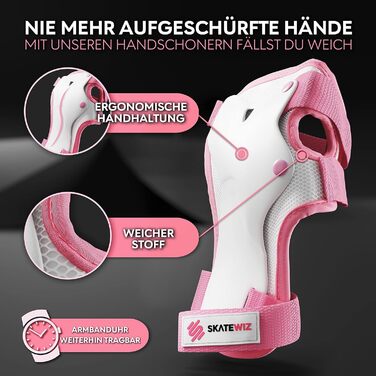 Захисний комплект SKATEWIZ для роликів і скейтборду L/XL, 6 шт, наколінники, налокітники, захист для зап'ясть, рожевий/білий, для дітей і дорослих