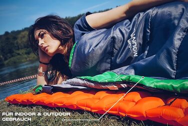Сплячий мішок MOUNTREX® – ультралегкий та компактний (850г) – для відпочинку на природі, літній спальний мішок, мумієподібний (205x75 см) – малий об'єм при згортанні, легкий – для підлітків та дорослих + подарунок: надувне зелене подушечка для подорожей