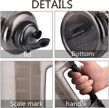 Спортивна пляшка для води VENNERLI 2,5 л з мірною шкалою та ручкою, чорна, витримує протікання, для фітнесу, спортзалу, офісу та дому