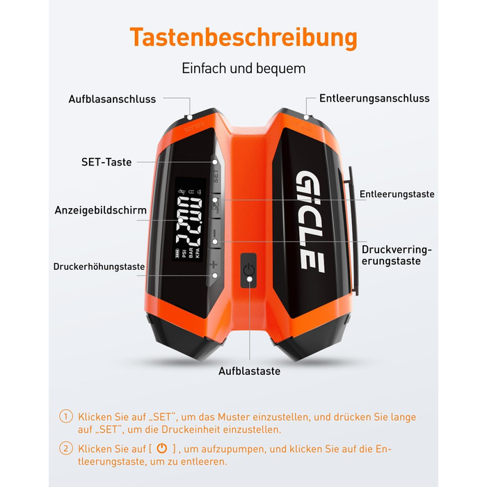 GICLE Електрична SUP-насос з акумулятором та портативним павербанком, 22 PSI, для SUP, човнів, наметів, каяків, перезаряджається (EU стандарт)