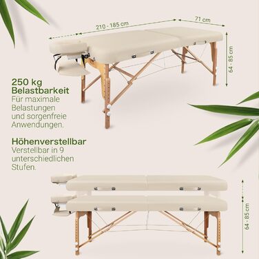 Масажне ліжко MASSUNDA Mobile Comfort Deluxe – розкладне, регульоване по висоті, широке, з дерев'яною основою, з підголовником, підлокітниками, подушкою (кремовий)