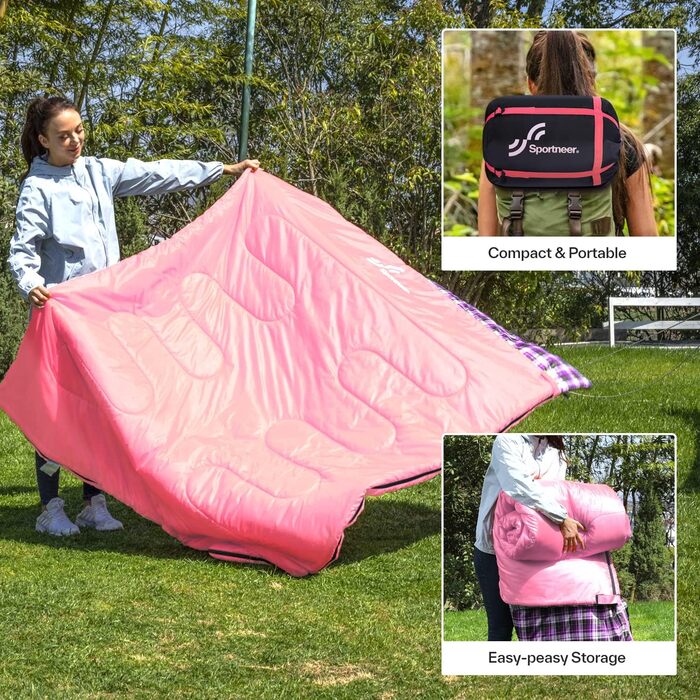 Сплячий мішок Outdoor Sportneer для двох осіб: спальний мішок 2.75 кг для дорослих, 3 сезони, 220x150 см, з 2 подушками (без фланелевої підкладки), рожевий