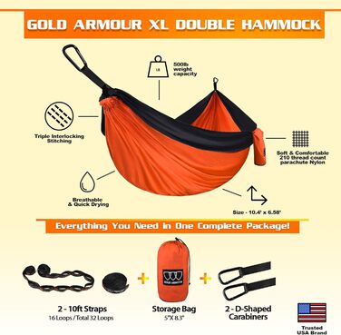 Гамак для кемпінгу Gold Armour - великий двомісний гамак з парашутної тканини (2 петлі для кріплення, 29 кольорів/мотивів) Легкий нейлон для дорослих та дітей, (Зелений) (Помаранчевий / Чорний)