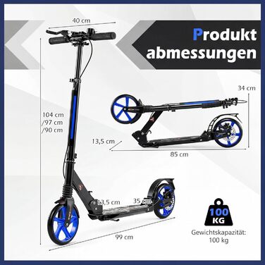 COSTWAY Розкладний електросамокат з дзвіночком та підніжкою, регульована висота керма, для дітей та дорослих (блакитний)