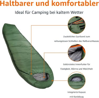 Сплячий мішок Amazon Basics для холодного клімату, для кемпінгу та піших прогулянок, легкий, мумієподібний, оливковий