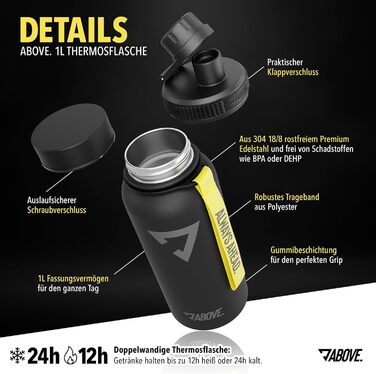 Термос-пляшка з нержавіючої сталі 1 л ABOVE, герметична, BPA Free, з додатковою кришкою, зберігає тепло до 12 годин і холод до 24 годин, для спорту, фітнесу, туризму, чорна