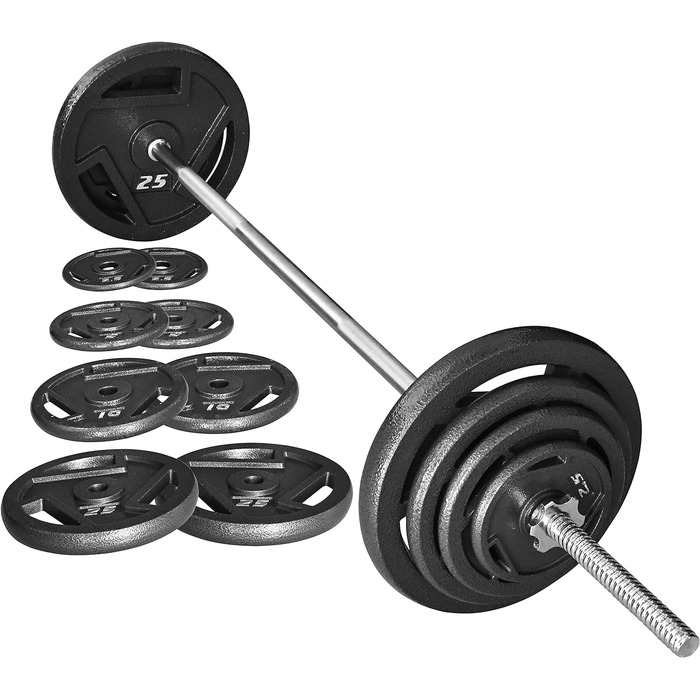 Набір чавунних стандартних гантельних дисків Signature Fitness з 1,5 м штангою та замками, 43,1 кг (38,6 кг диски + 4,5 кг штанга), стиль №3