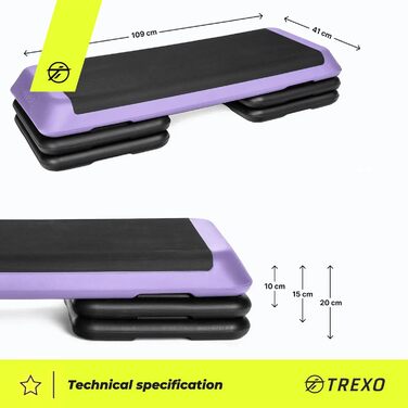 Аеробний степ-платформа TREXO для фітнесу, кардіо та домашніх тренувань, регульована висота 10/15/20 см, навантаження до 250 кг, 109x41 см, рожевий/оранжевий/сірий/зелений/фіолетовий