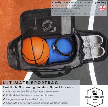 Bearformance Ultimate Спортивна сумка-рюкзак 50L з відділенням для взуття та вологих речей, чорна, з переробленого PET, для тренажерного залу, спорту, подорожей, чоловіків і жінок