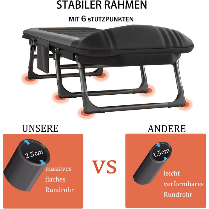 Розкладне ліжко Cozykimo для кемпінгу з матрацом: туристичне, для риболовлі, гостей, сад, будинок (чорне)