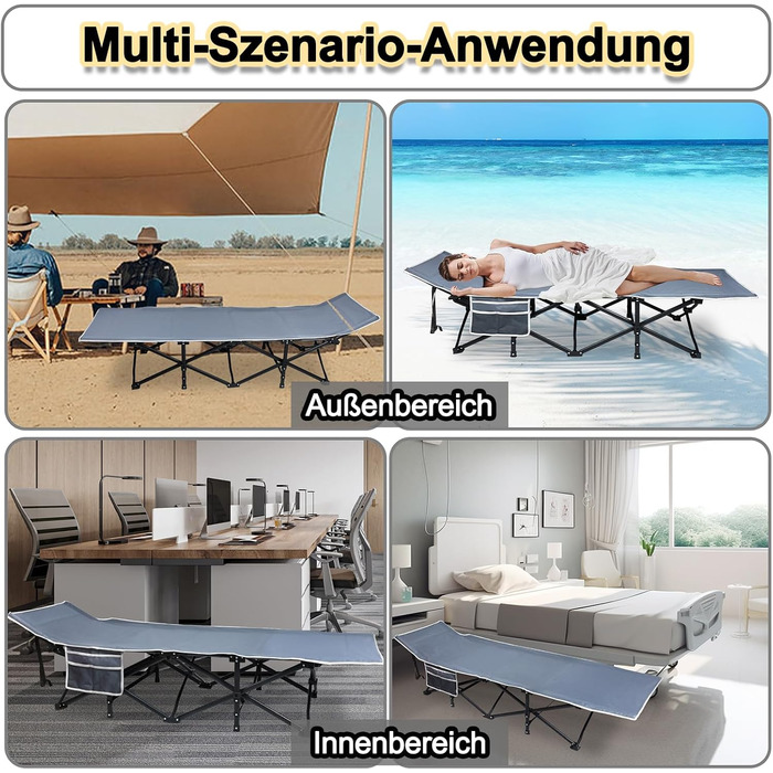 Розкладне ліжко VA-Cerulean для кемпінгу та відпочинку: міцне, легке, з кишенею та сумкою для транспортування (250 кг, 190x62x38 см)