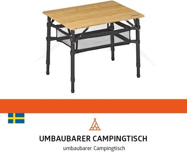 Зручний складаний садовий/кемпінговий столик Campout з бамбуковою полицею (65x50x65 см), 3 положення висоти, з сумкою