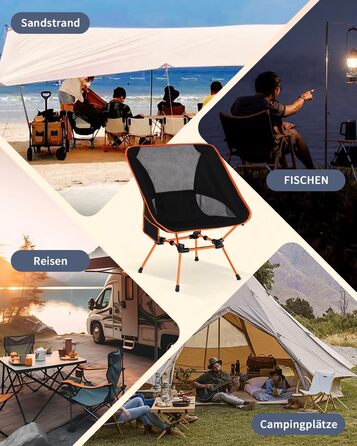 Складний туристичний стілець для кемпінгу з сіткою та кишенями, вантажопідйомність 150 кг, оранжевий