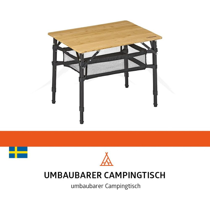 Зручний складаний садовий/кемпінговий столик Campout з бамбуковою полицею (65x50x65 см), 3 положення висоти, з сумкою