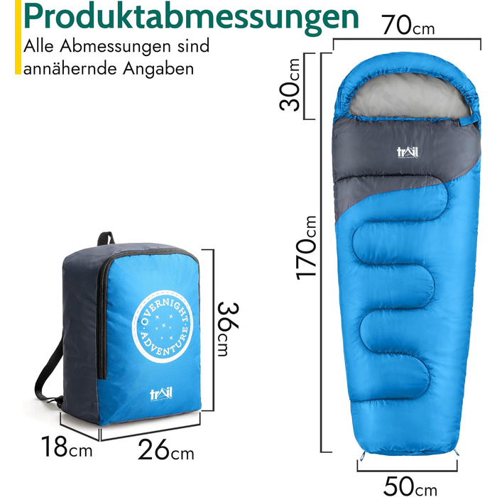 Дитячий спальник Trail Mumienschlafsack для кемпінгу 3 сезони, блакитний, 300 г/м² - з транспортним рюкзаком для хлопчиків та дівчаток