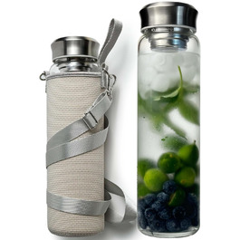 Скляна пляшка для води Drinmoaer 1 л з нержавіючою кришкою, широке горло, неопреновий чохол, для холодних напоїв
