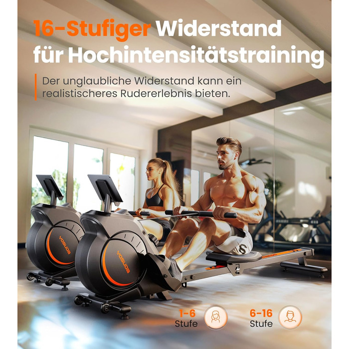 YOSUDA 02-Magnetic Pro: Гребний тренажер для дому, ультратихий, з магнітним опором, 16 рівнів, LCD-дисплей, компактний, до 160 кг