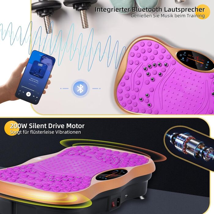 Вібраційна платформа EVOLAND з 5 програмами тренувань, Bluetooth, стрічки опору для всього тіла (фіолетовий)