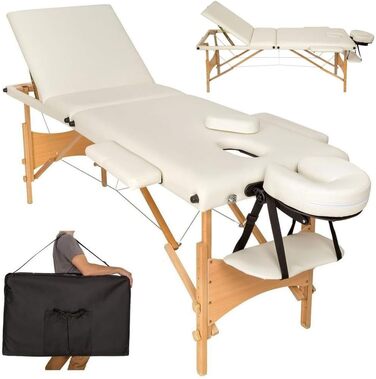 Масажне ліжко BAKAJI з дерева, складне, 3 зони, для фізіотерапії, спа, велнес, професійних косметологів, колір Бежевий, XL LUX, з сумкою для перенесення (дерев'яне каркас, Бежевий)