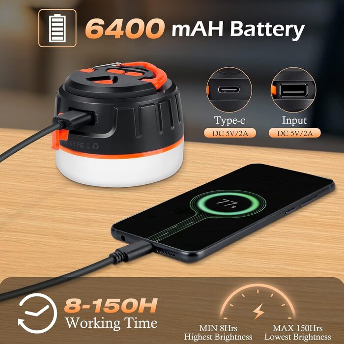 Ліхтар кемпінговий акумуляторний з пультом, 6400 mAh, 5 режимів, водонепроникний, магнітний, чорно-помаранчевий