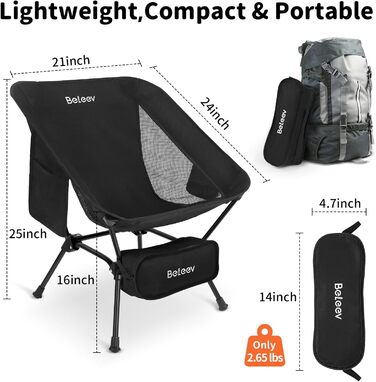 Зручний складаний стул для кемпінгу BeLeEv з 2 кишенями, легкий та компактний, для відпочинку на природі, риболовлі, фестивалів, трекінгу та пляжу