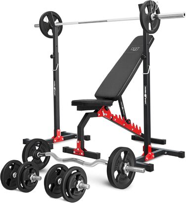 Комплект Marbo Sport MH7 – регульована лавка, стійки для штанги, штанга, гантелі, SZ-гриф, гриф для штанги, набір гумових дисків 83/113 кг