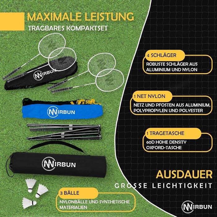 Набір для бадмінтону на 4 гравці з сіткою | Професійні ракетки + 3-и пір'яні м'ячі + сумка для перенесення | Міцний металевий каркас | Сітка 5,1 м | Сімейний набір для гри в приміщенні та на вулиці