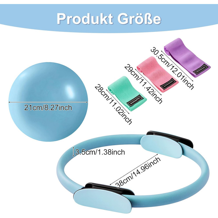 Комплект для пілатесу Magic Circle 14 дюймів з подвійним м'яким покриттям ручок, 3 еластичні стрічки (20/30/45 lbs), неслизький міні-м'яч, інструкція та сумка (блакитний)