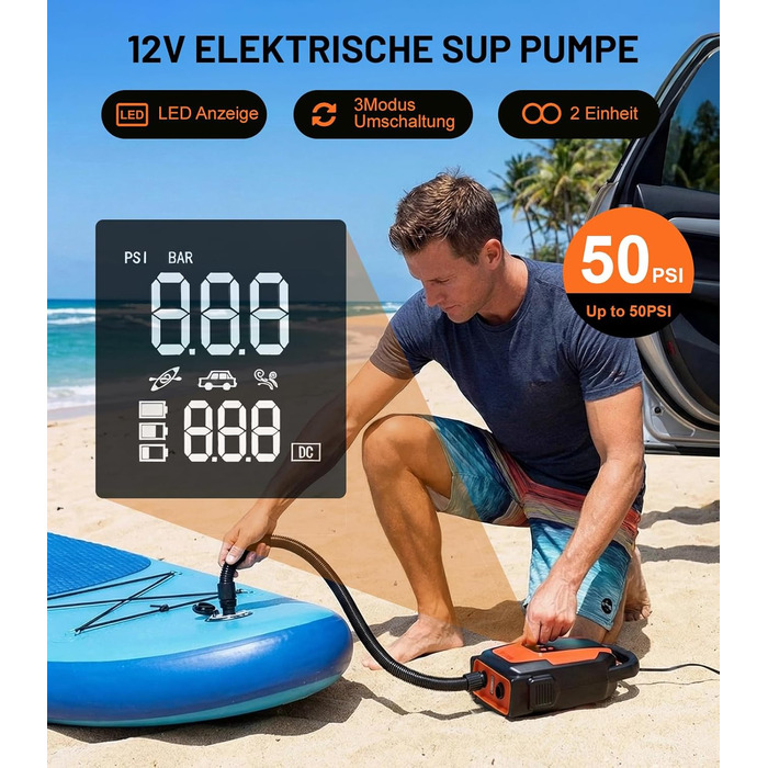 Електричний насос для SUP дошки 50PSI 3-в-1, 12V, для човнів, каяків, автомобілів та надувних виробів