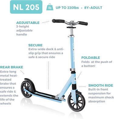 Дитячий самокат Globber NL 205 Folding з передньою підвіскою, складний, пастельно-блакитний