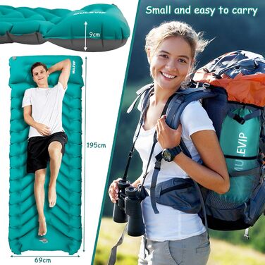 MULEVIP Килимок для кемпінгу з самонадувною подушкою, самонадувний килимок для кемпінгу з помпою для ніг, потовщений, водонепроникний, складаний, для піших прогулянок, подорожей, кемпінгу та пляжу