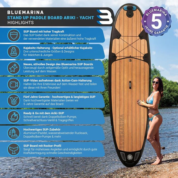 Надувна SUP-дошка Bluemarina Ariki 325x86x15 см, 5 років гарантії, комплект для веслування стоячи, вантажопідйомність до 140 кг, чорна