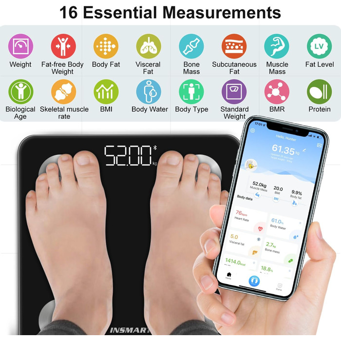 INSMART електронна вага для тіла, аналізатор жиру, Bluetooth, з додатком, вимірювання BMI, м'язової маси, води, BMR, зелена