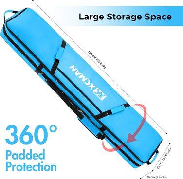 Чохол для сноуборду XCMAN для подорожей літаком – повністю ущільнений, водонепроникний, для сноуборду та черевиків (Синій, 165см)