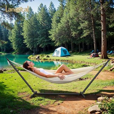 Гамак Laneetal з підставкою для двох осіб, бежевий, 280x106x100 см, вантажопідйомність 250 кг - для саду, тераси, басейну, балкону