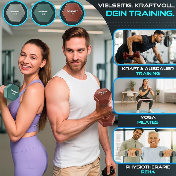 Набір гантелей RE:SPORT® 3 пари (1-5 кг, 12 кг або 18 кг) зі стійкою та 3 фітнес-гумками. Нековзкі гантелі з неопрену для жінок та чоловіків. Кольори: бірюзовий/сірий/темно-синій (бірюзовий/петроль/теракота, 18 кг)