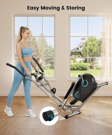 Крос-тренажер THERUN, ультратихий еліптичний тренажер для дому, 6 кг маховик, 16 рівнів опору, датчик пульсу, LCD-монітор, тримач для пляшки, блакитний